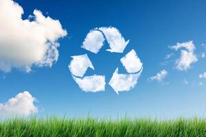 Recycling symbol on grass with blue sky and clouds photo
