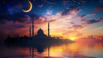 Islamic architecture at sunset with moon and crescent photo