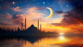 Islamic architecture at sunset with moon and crescent photo