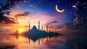 Islamic architecture at sunset with moon and stars photo