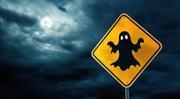 A yellow sign with a ghost on it in front of a cloudy sky photo