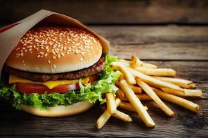A hamburger and french fries on a wooden table photo