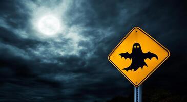A yellow sign with a ghost on it in front of a cloudy sky photo