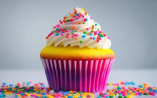A cupcake with frosting and sprinkles on a white background photo