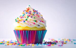 A cupcake with white frosting and sprinkles photo