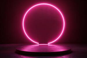 A pink neon circle on a pedestal in front of a dark background photo