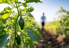 A man is walking through a field of green peppers photo