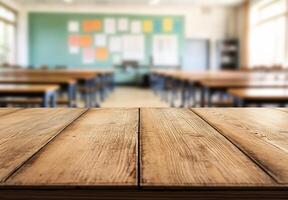 An empty classroom with wooden tables and chairs photo