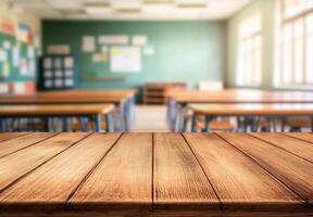 Empty classroom with wooden table and chairs photo