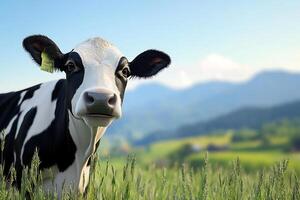 A cow is standing in a field with mountains in the background photo