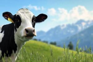 A cow is standing in a field with mountains in the background photo