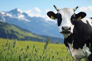 A cow is standing in a field with mountains in the background photo