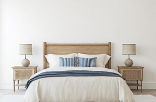 A white bedroom with a bed and two lamps photo