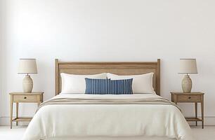 A bed with a white comforter and blue pillows photo