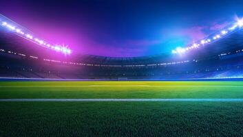 An empty soccer stadium with bright lights photo