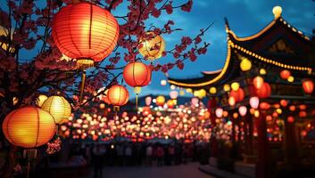 Chinese lanterns hanging from a tree in a park photo