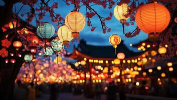 Many colorful paper lanterns are hanging from trees photo