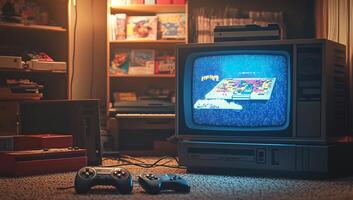 An old television with a game controller and a game photo