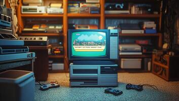 An old computer with a game controller and a television photo