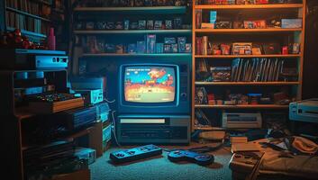 A room with a tv, a computer, and a game console photo