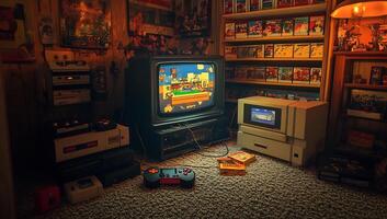 A room with a tv, a game controller, and a game photo