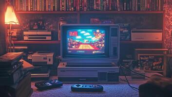 A game console sits in front of a bookshelf photo