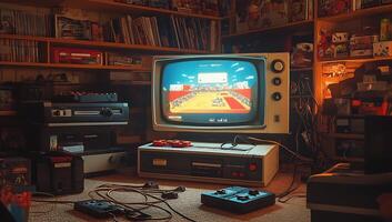 A room with a tv, a computer, and a game console photo