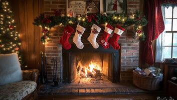 A fireplace with stockings hanging on it and a christmas tree photo