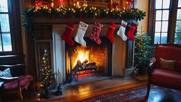 A fireplace with stockings hanging on the mantle photo