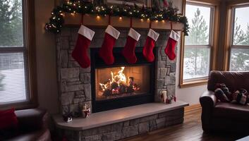 A fireplace with stockings hanging on the mantle photo