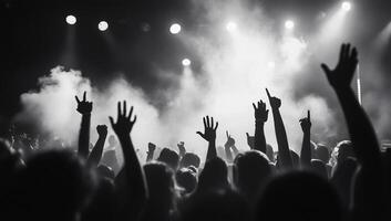 A crowd of people at a concert with their hands up photo