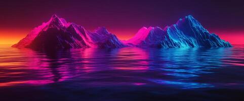 3d rendering of mountains in the ocean with neon lights photo