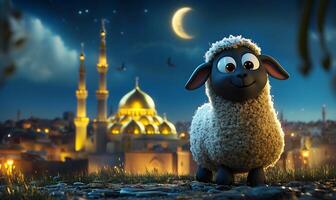 A sheep is standing in front of a mosque at night photo