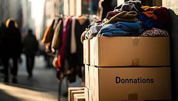 Donations stacked on a sidewalk in front of a building photo