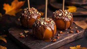 Caramel apples with nuts and chocolate on sticks photo