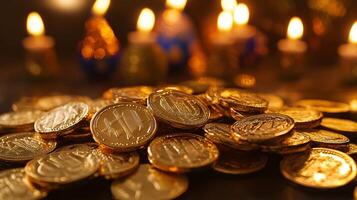 Gold coins on a table with candles in the background photo