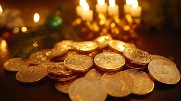Gold coins on a table with candles photo