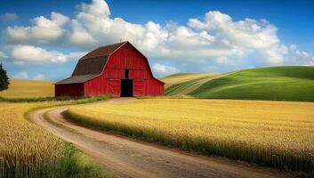 A red barn sits in the middle of a field photo
