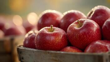 A close up of a wooden crate full of red apples photo