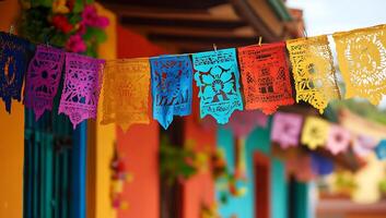 A colorful building with paper flags hanging from the side photo