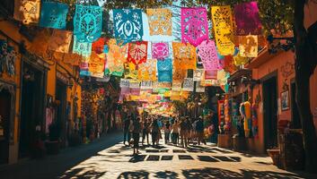 A street with colorful flags hanging from the ceiling photo