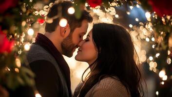 Couple kissing in front of christmas lights photo