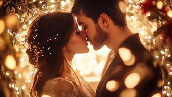 A couple kissing in front of lights photo
