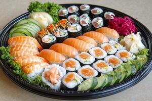 A black tray with sushi and vegetables photo