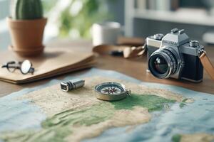 A camera, compass and glasses are on a map photo