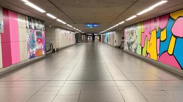 A long hallway with colorful graffiti on the walls photo