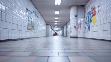 A long hallway with graffiti on the walls photo
