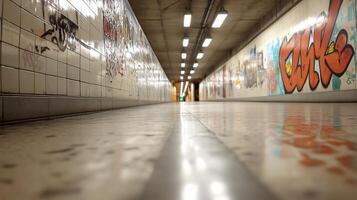 A long hallway with graffiti on the walls photo