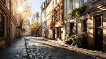 A cobblestone street in paris with a building in the background photo