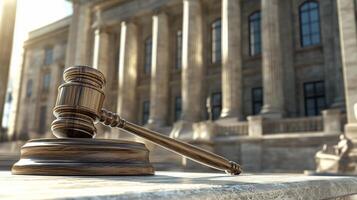 Judge's gavel on a stone bench in front of a building photo